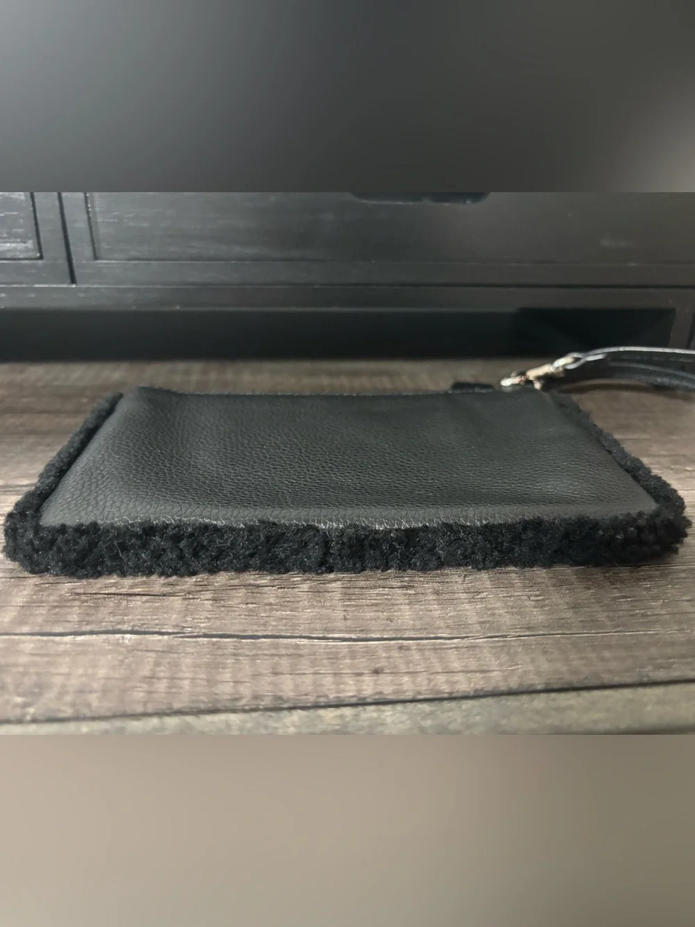 Coach Black Pebbled Leather Shearling-Trim Wristlet